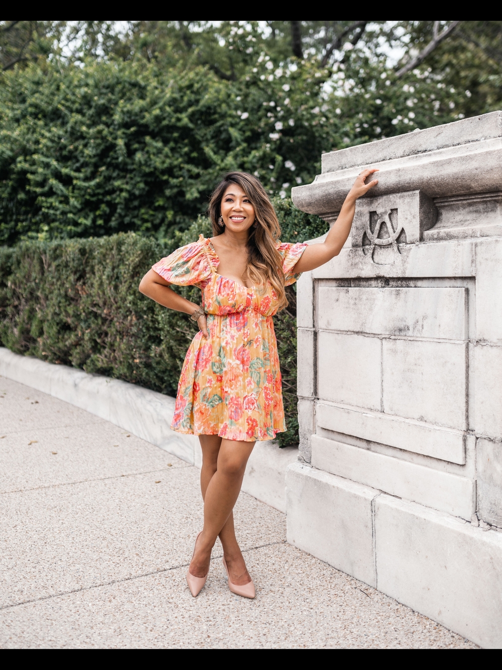 Lovers + Friends Orange Floral Puff-Sleeve Mini Dress